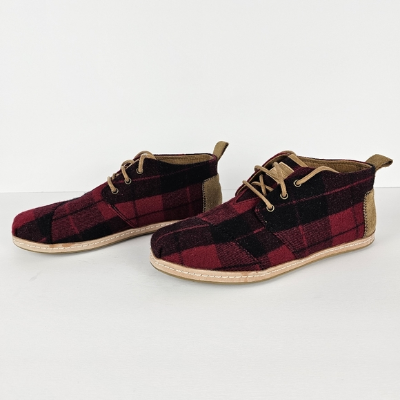 Toms Bota Desert Boots Red Plaid Felt Ankle Chukka Booties 8 - Picture 3 of 10